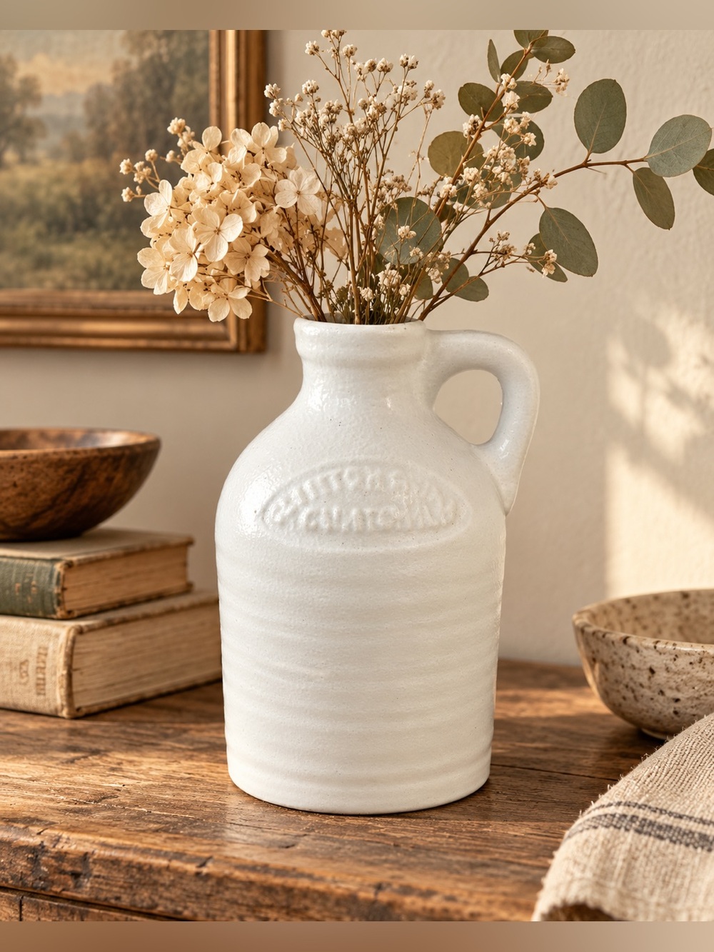 VTG Harris Potteries Clinton China light blue Stoneware Jug Vase 9” farmhouse